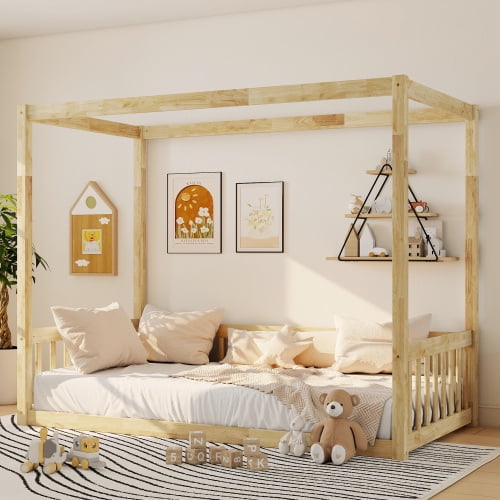 Twin Size Canopy Frame Floor Bed with Fence & Guardrails, Solid Rubber Wood, Low-Profile Montessori Design, for Bedroom, Playroom, Natural