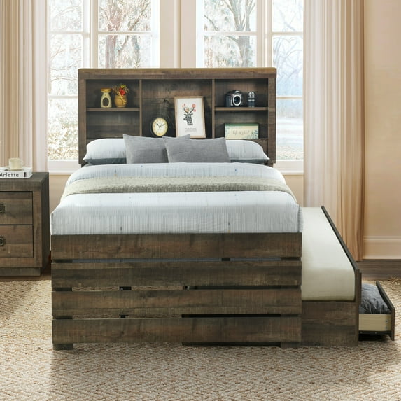 THOWDEE Trundle Twin Farmhouse Style 3 Drawers Captain Bed, Rustic Brown