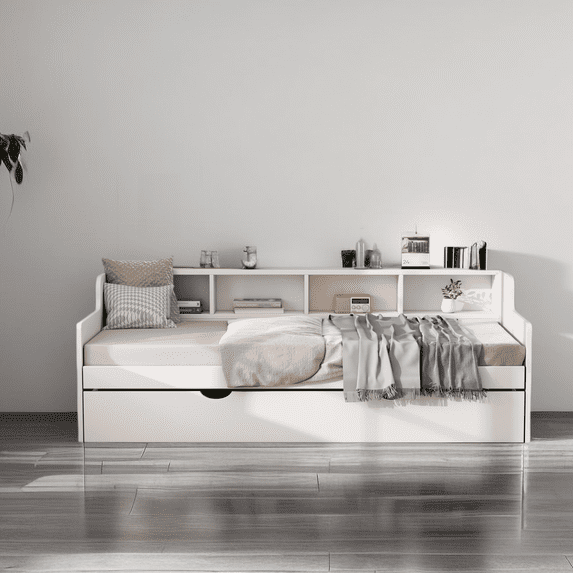 Twin Size Captain Bed with Bookcase Headboard, Wooden Day Bed Sofa Bed Frame with Extra Storage Shelves, Day Bed with Trundle for Guest Room, Small Bedroom, Study Room