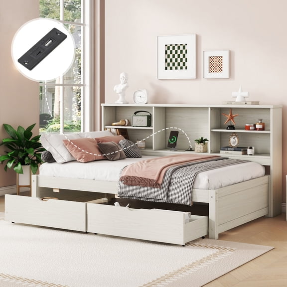 Twin Size Captain Bed with Charging Station and Two Drawers, Wooden Corner Twin Bed Frame with Side Bookshelves for Teens Adults, Creamy White