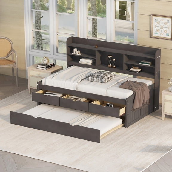 Twin Size Captain Bed with Storage | Built-in Bookshelves & Drawers