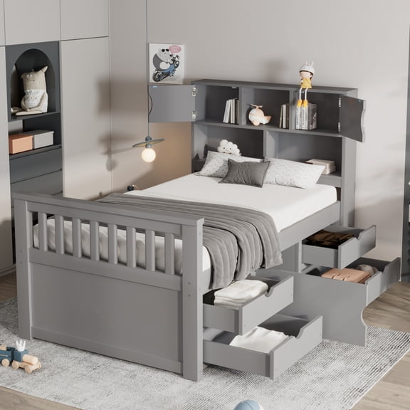 Twin Size Captain Platform Bed Frame - 4 Drawers with Storage Bookcases & Shelves for Bedroom,Gray