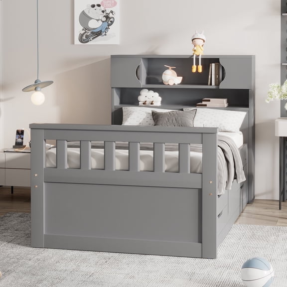 [Luckynote]Twin Size Captain Platform Bed Frame with Storage Bookcases and Shelves,Four Drawers, Gray