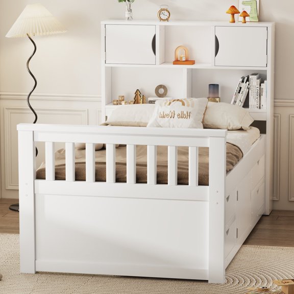 Twin Size Captain Platform Bed Frame with Storage Bookcases and Shelves, Four Drawers, White Solid Wood+MDF, Space Saving Bed for Small Bedroom