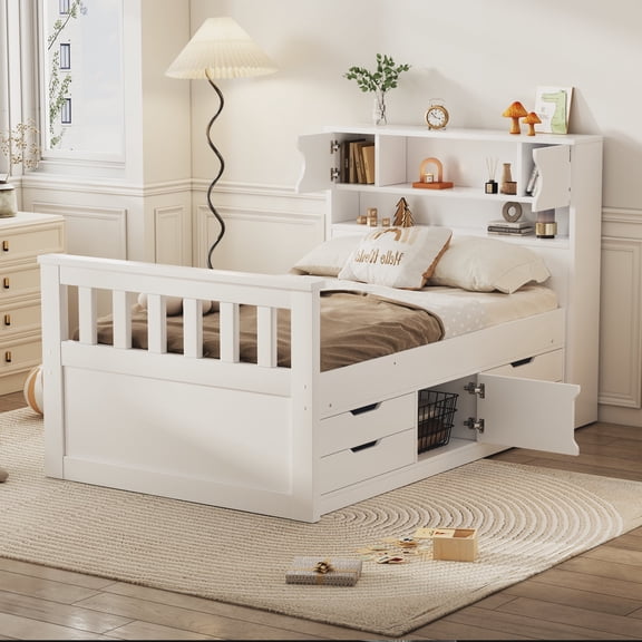 [Luckynote]Twin Size Captain Platform Bed Frame with Storage Bookcases and Shelves,Four Drawers,White
