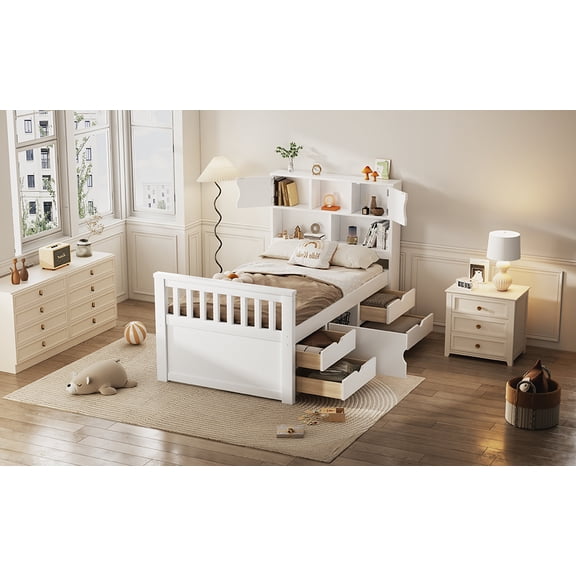 Twin Size Captain Platform Bed Frame with Storage Bookcases and Shelves,Four Drawers,White