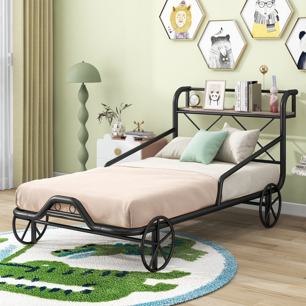 Twin Size Car Bed for Kids, CarShaped Metal Twin Bed Frame with Four