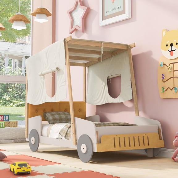 Twin Size Car Bed, Solid Pine Wood and MDF Frame with Canopy Ceiling Cloth and Headboard Pillows, Magazine Storage Rack, Natural Finish for Bedroom, 79.3"L x 42.6"W x 62.3"H