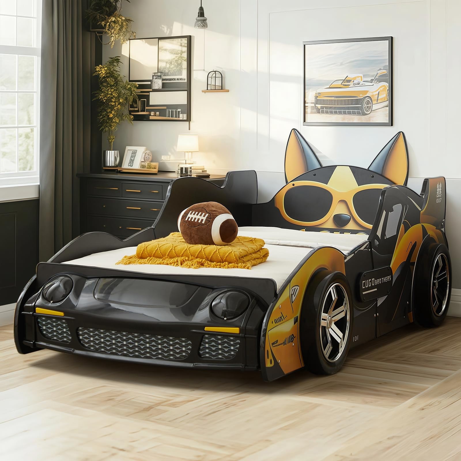 Twin Size Car Bed for Kids, Wooden Platform Bed with Cartoon Dog Headboard, LED Lights, and Built-in Slats for Toddlers & Boys