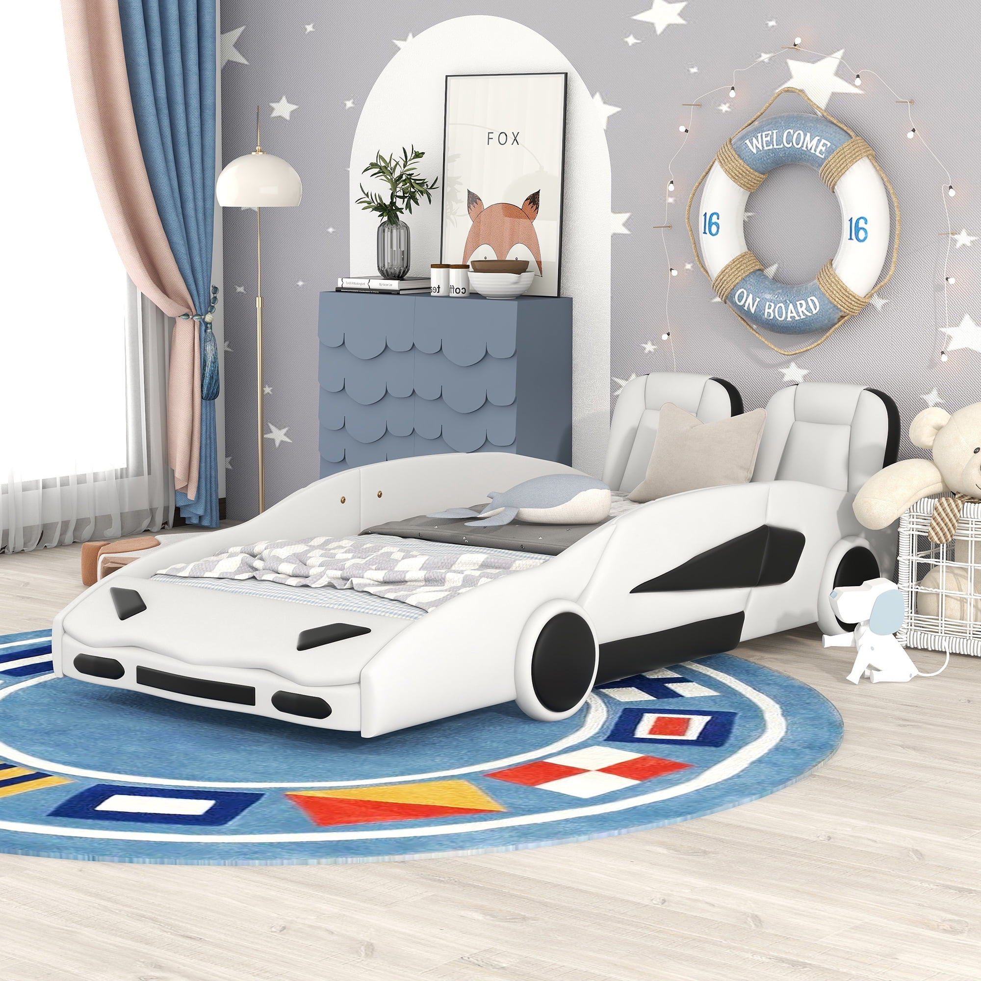Twin Size Car-Shaped Platform Bed Frame with Wheels,Faux Leather Upholstered Twin Bed Frame for Boys Girls,89"x43.75"x27",White