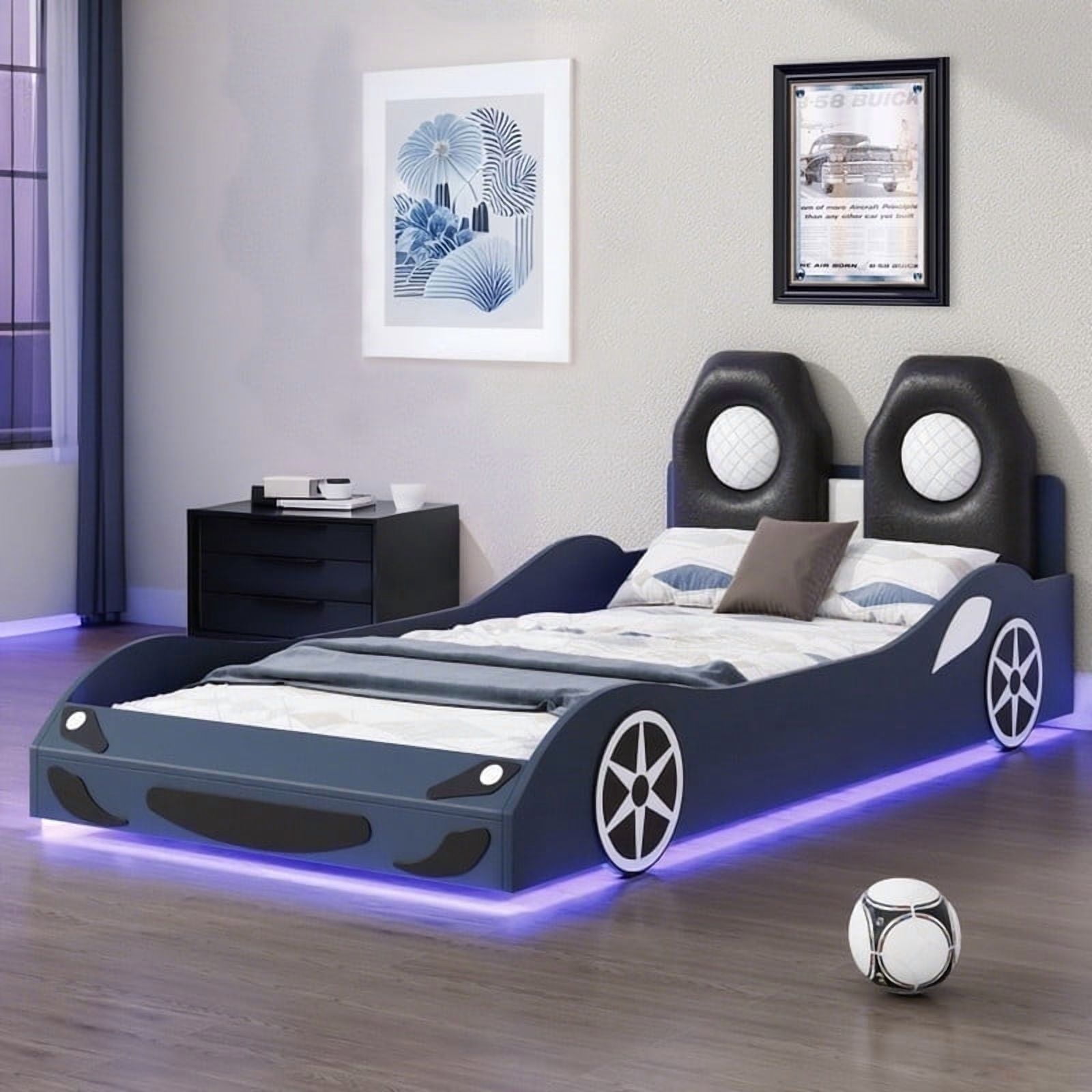 HICOMILA Twin Size Car-shaped Platform Bed with LED and Upholstered Backrest Headboard,  Platform Bed  with Wheels and Safety Guardrails, No Box Spring Needed, Blue