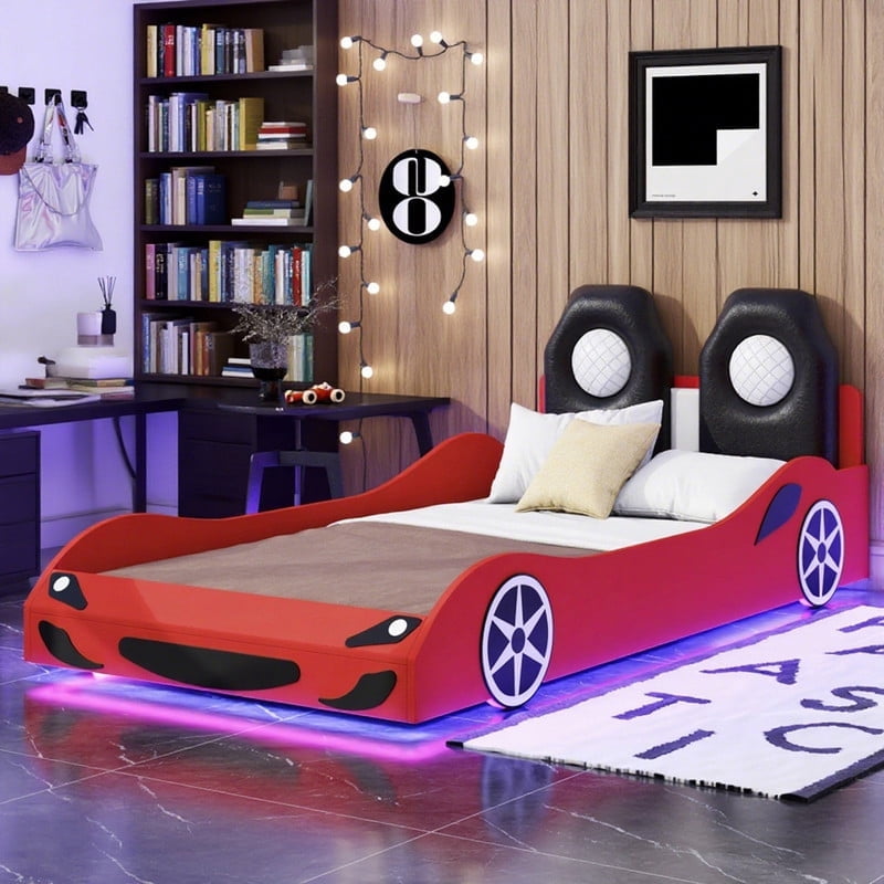 Twin Size Car-shaped Platform Bed with LED and Upholstered Backrest Headboard, Platform Bed Frame with Wheels and Safety Guardrails, No Box Spring Needed, Red