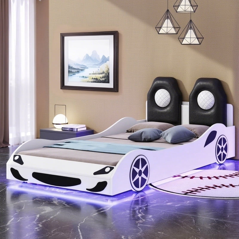 Twin Size Car-shaped Platform Bed with LED and Upholstered Backrest Headboard, Platform Bed Frame with Wheels and Safety Guardrails, No Box Spring Needed, White