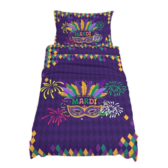 Twin Size Carnival Sheet Sets Mask Feathers Firework Purple Yellow Blocks Soft Breathable Microfiber Bed Sheets Deep Pockets 4 Piece Bed Sheets Set, 1 Fitted Sheet, 1 Flat Sheet & 1 Pillowcases