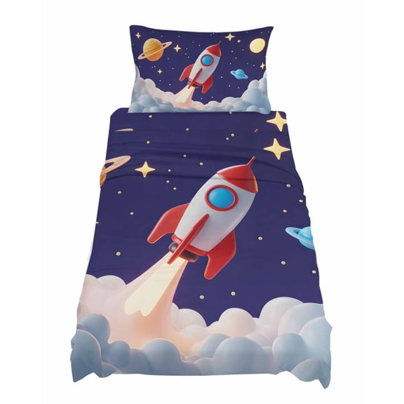 Twin Size Cartoon Rocket Sheet Sets Cloud Space Stars Cute Planet Classic Soft Breathable Microfiber Bed Sheets Deep Pockets 4 Piece Bed Sheets Set, 1 Fitted Sheet, 1 Flat Sheet & 1 Pillowcases