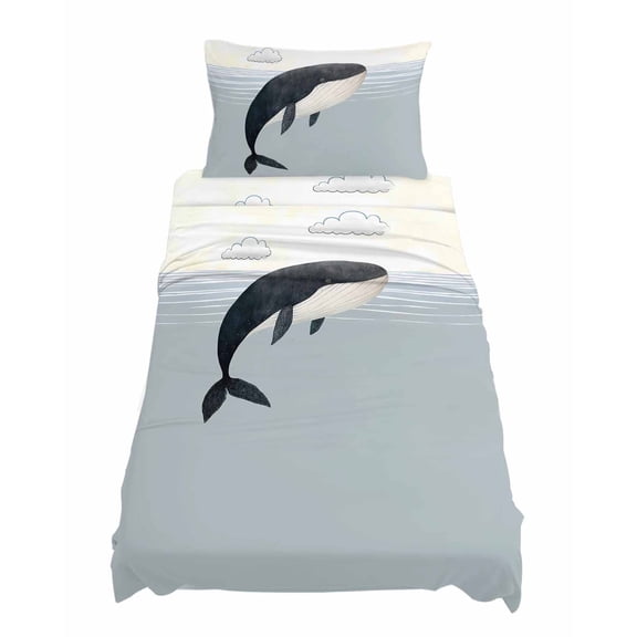 Twin Size Cartoon Whale Sheet Sets Under the Sea and Clouds Soft Breathable Microfiber Bed Sheets Deep Pockets 4 Piece Bed Sheets Set, 1 Fitted Sheet, 1 Flat Sheet & 1 Pillowcases