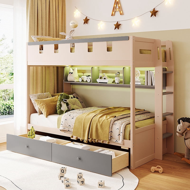 Twin Size Castle-Designed Kids's Bunk Bed with Built-in Ladder & LED Strip, Storage Wooden Bed Frame with 2 Drawers & Shelves