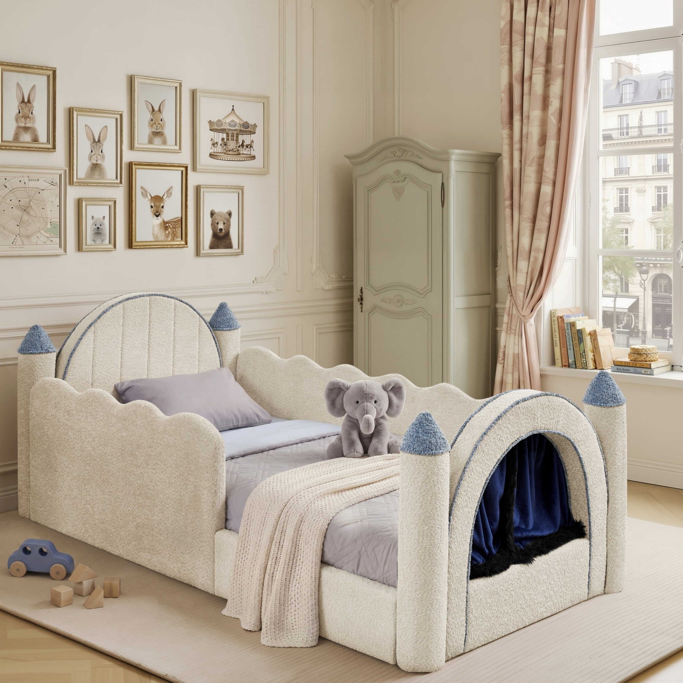Twin Size Castle-Shaped Kids Floor Bed with Safety Guardrail, Low Profile Upholstered Platform Bed Frame with Small Curtain