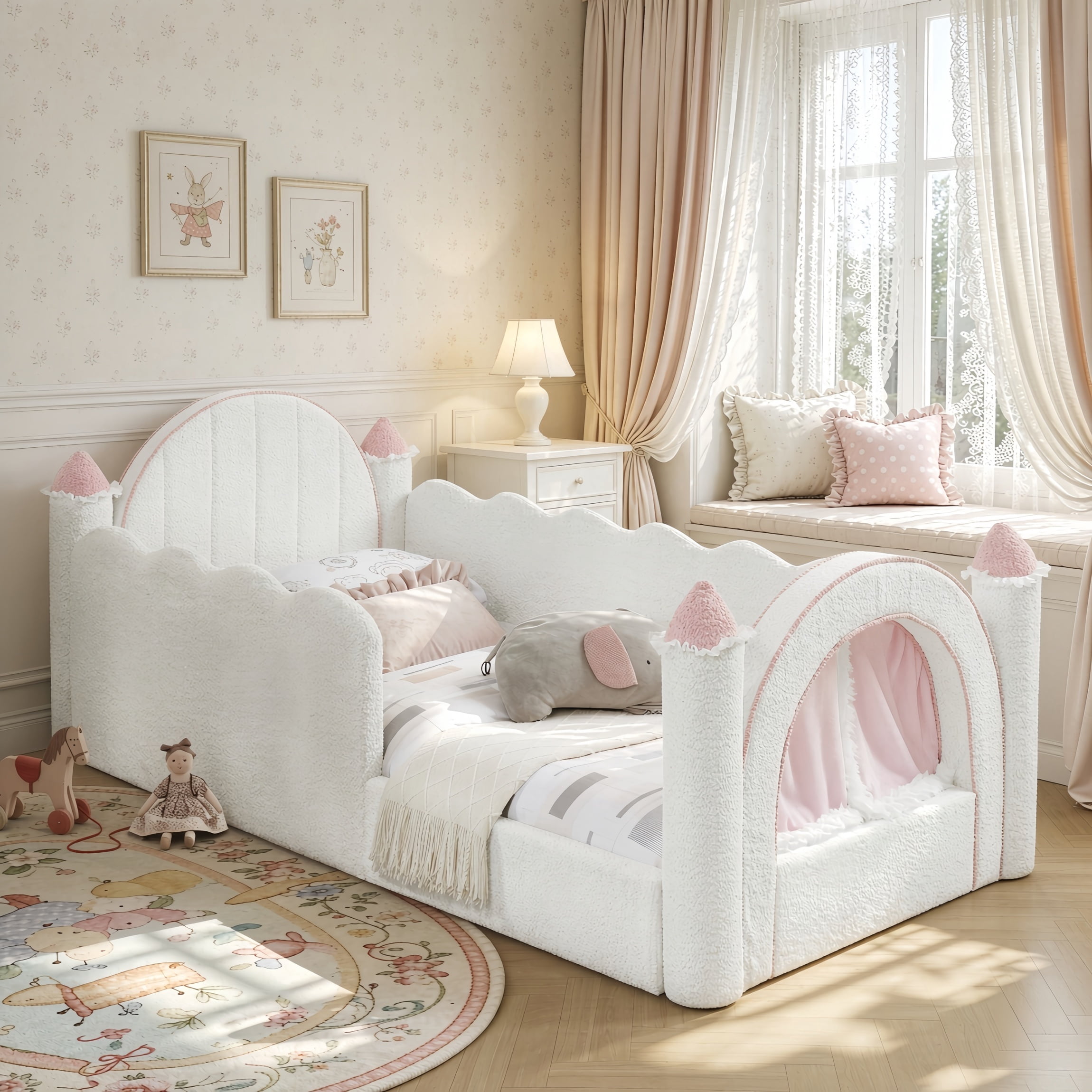 Twin Size Castle-Shaped Kids Floor Bed with Safety Guardrail, Low Profile Upholstered Platform Bed Frame with Small Curtain