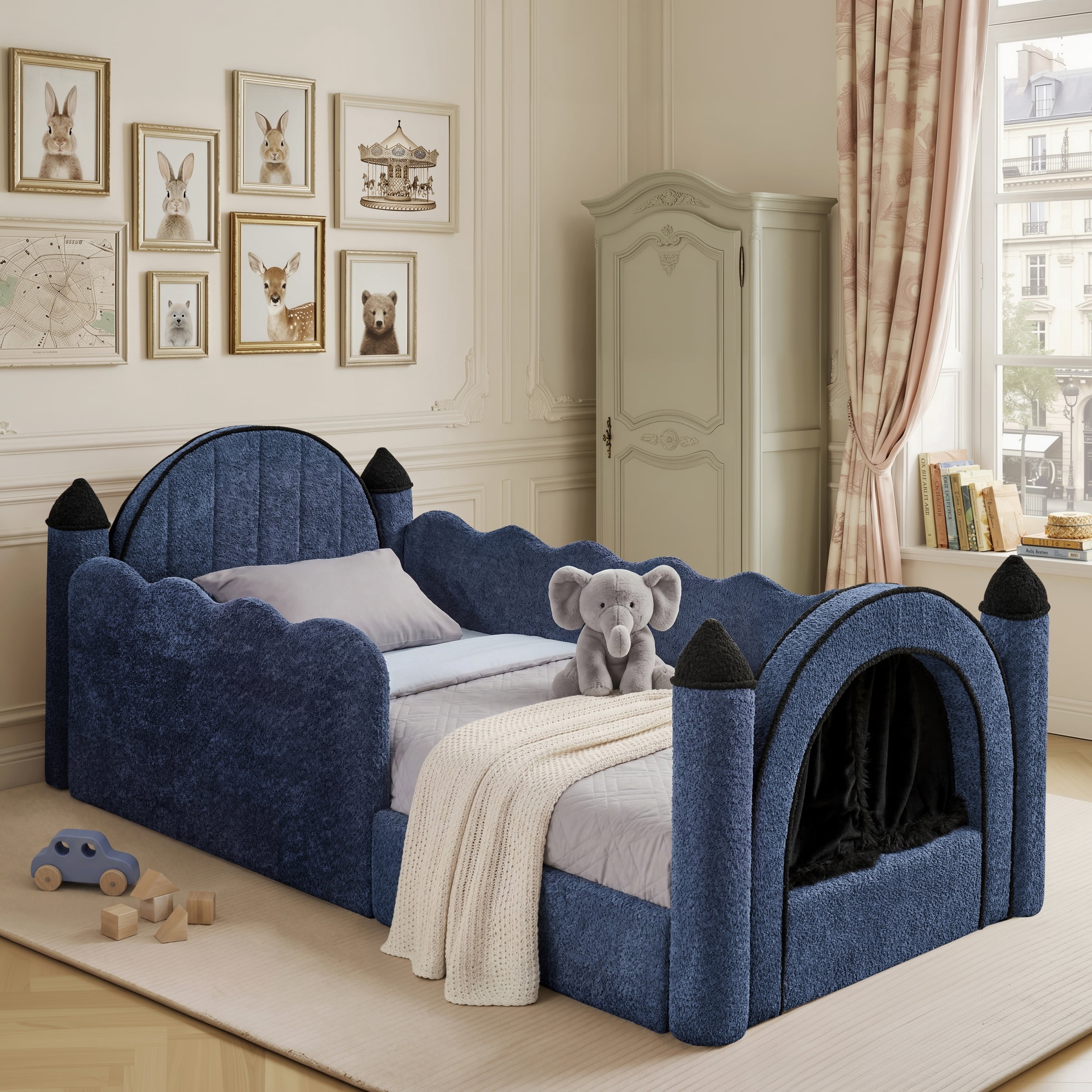 Twin Size Castle-Shaped Kids Floor Bed with Safety Guardrail, Low Profile Upholstered Platform Bed Frame with Small Curtain