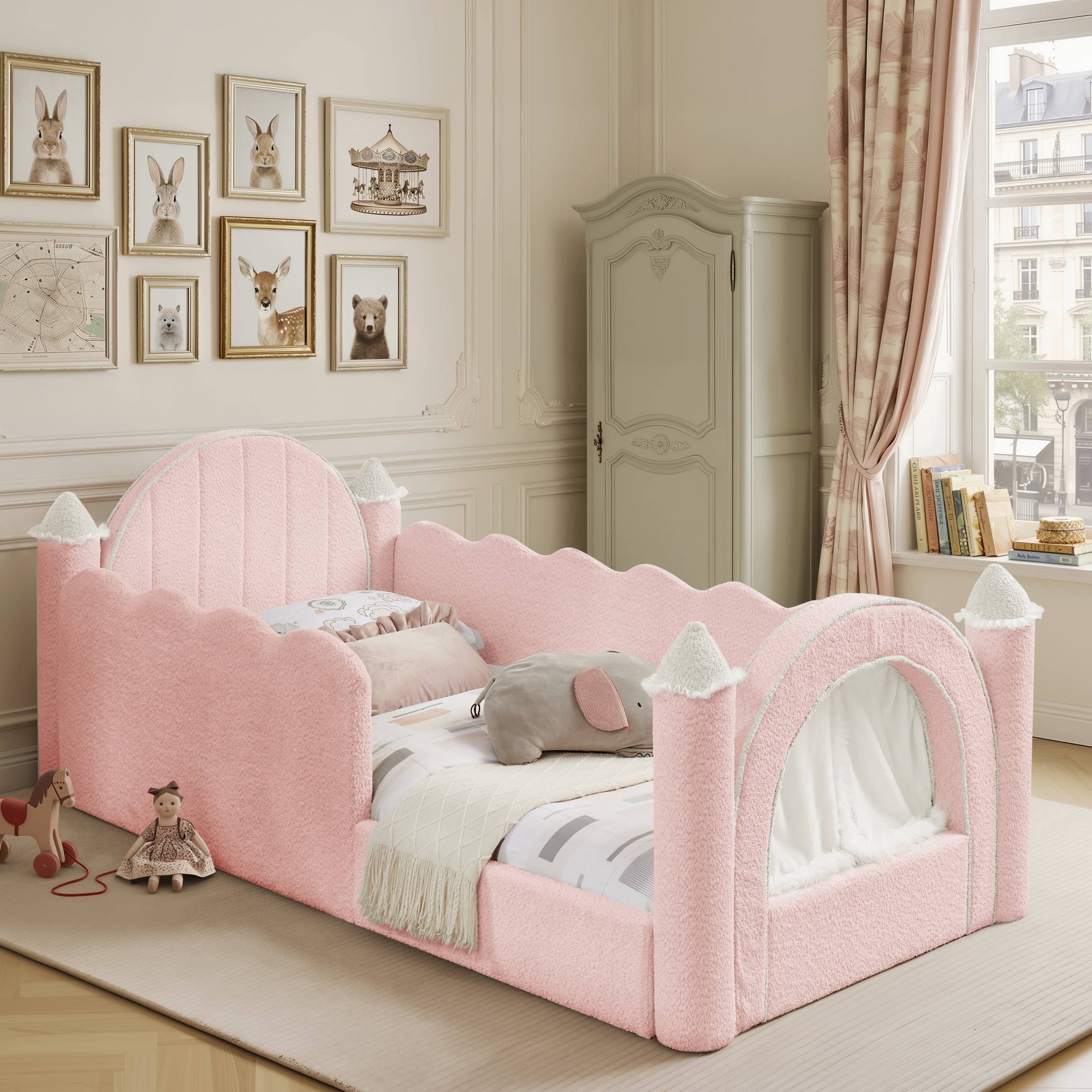 Twin Size Castle-Shaped Kids Floor Bed with Safety Guardrail, Low Profile Upholstered Platform Bed Frame with Small Curtain