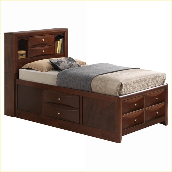 Twin Size Cherry Wood Storage Bed with Built-In Drawers - Rich Finish for Bedroom