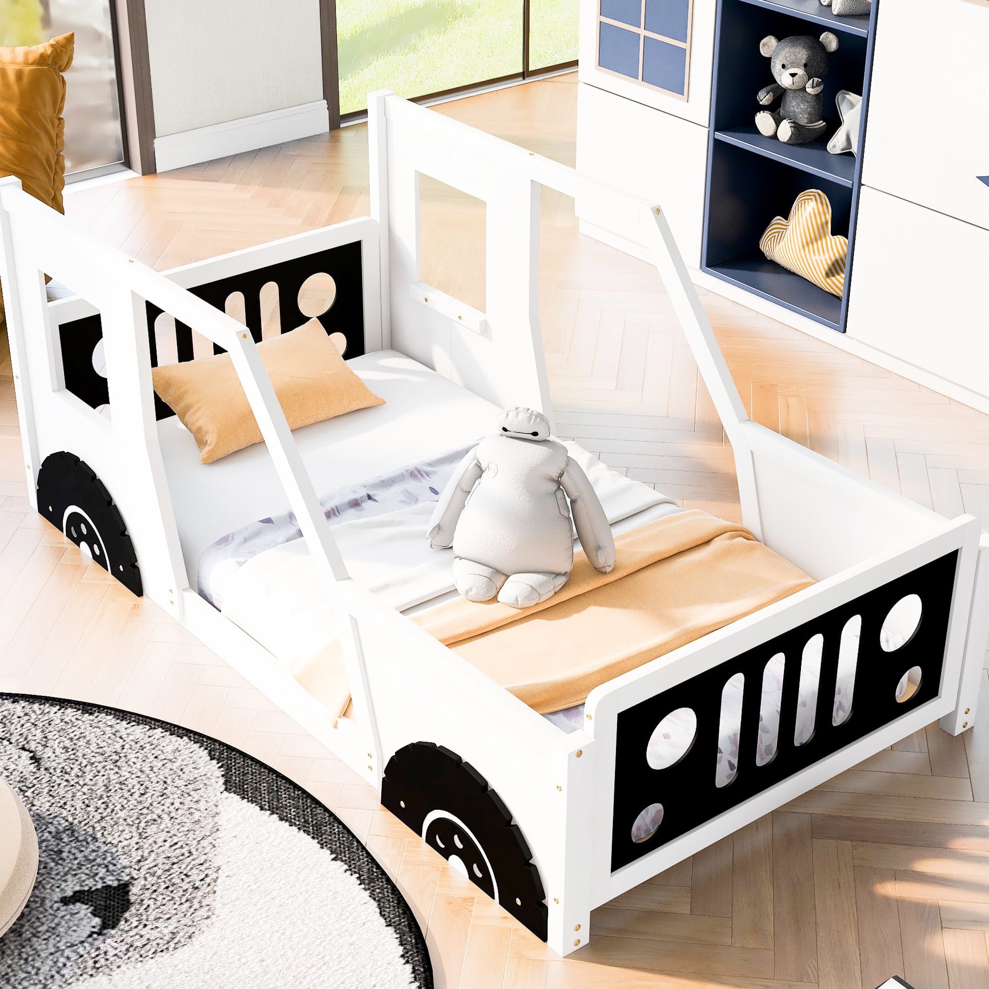 Twin Size Classic Car Bed With Wheels, White - Resilient Pine Wood And Frame For Bedroom Lure Platform Wheels Appeal