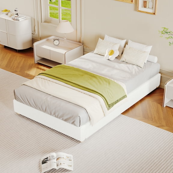 Twin Size Cloud Bed Frame,Corduroy Low Bed Frame Without Headboard, Thick Fabric Upholstered Platform Bed, Solid Wood Legs, No Box Spring Needed, Never Squeak, Easy Assembly, White