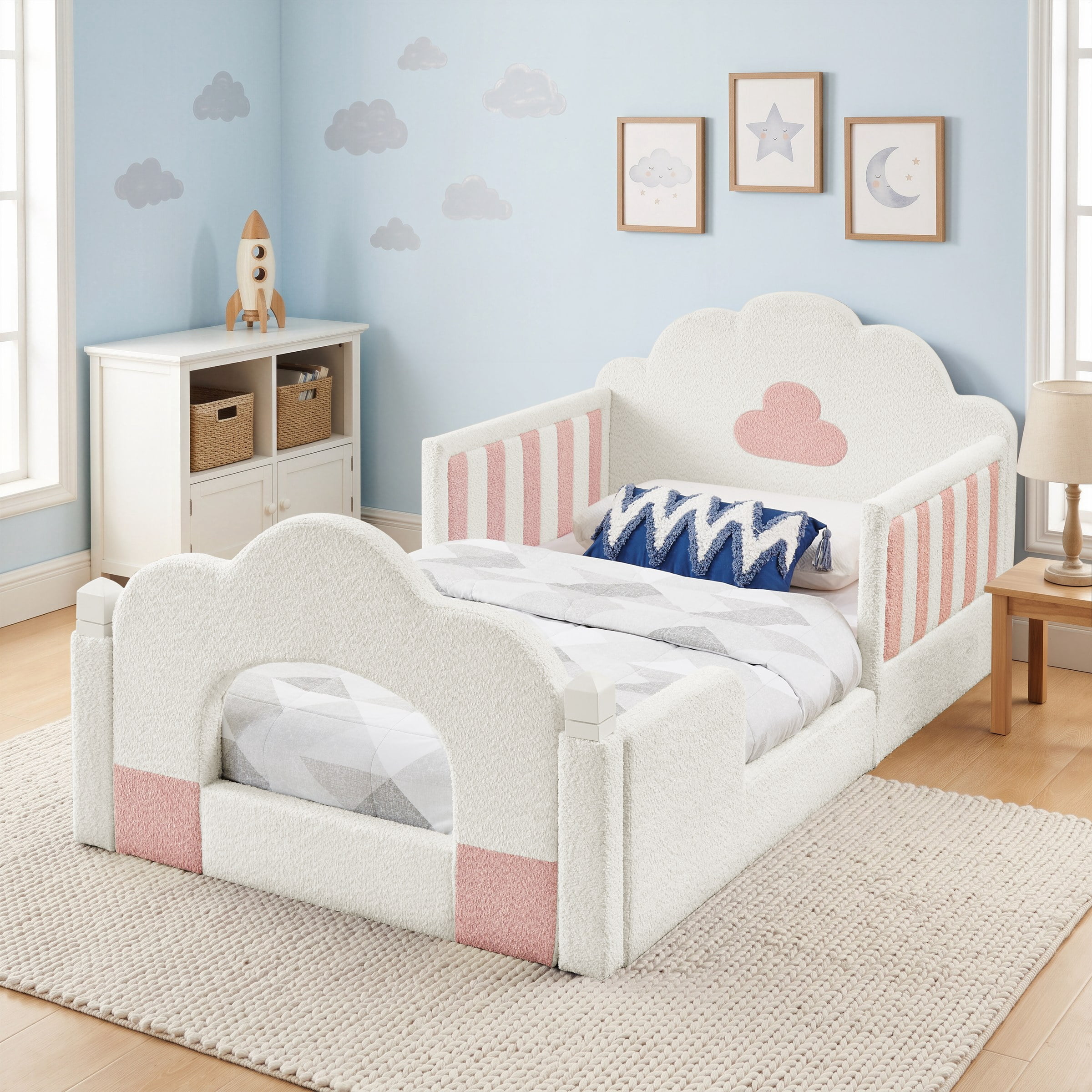 Twin Size Cloud Bed with Safety Guardrail, Solid Wood Bed Frame for Bedroom, Boucle Fabric