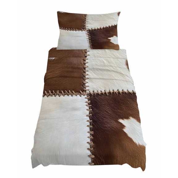 Twin Size Collage Cowhide Sheet Sets Abstract Brown Seam Cow Leather Soft Breathable Microfiber Bed Sheets Deep Pockets 4 Piece Bed Sheets Set, 1 Fitted Sheet, 1 Flat Sheet & 1 Pillowcases