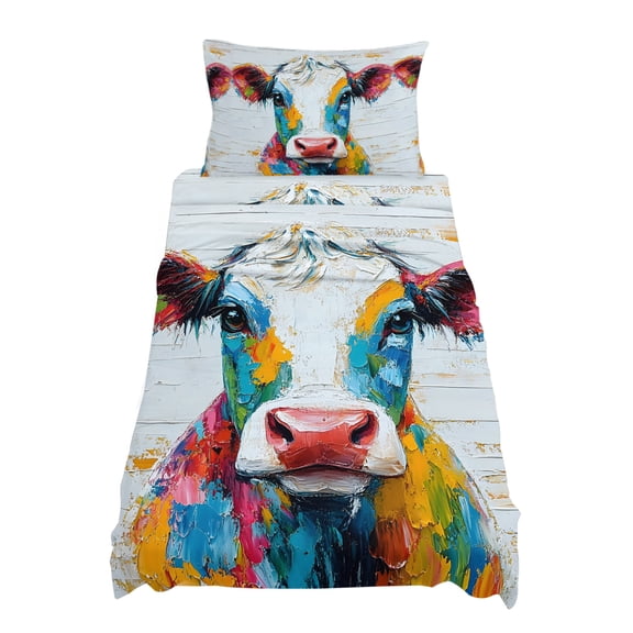 Twin Size Colorful Cow Sheet Sets Rustic Animal Abstract Cattle Wood Grain Soft Breathable Microfiber Bed Sheets Deep Pockets 4 Piece Bed Sheets Set, 1 Fitted Sheet, 1 Flat Sheet & 1 Pillowcases