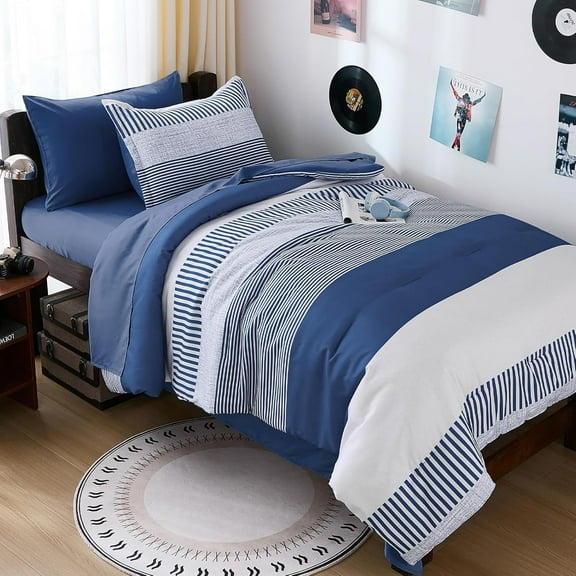 Twin Size Comforter Navy Blue Striped Comforters for Boys&Girls,7 Pieces Bed in A Bag Simple Neutral-Style Bedding Sets for Kids Teen