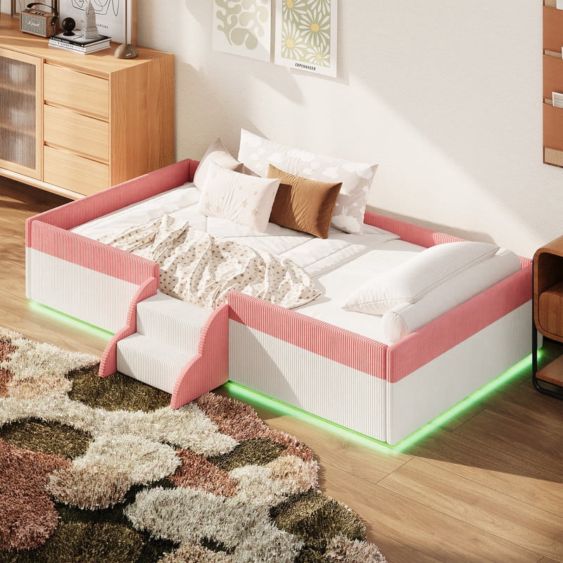 Twin Size Corduroy Upholstered Floor Bed Frame with Fence, Kids Low-Profile Platform Bed with 2-Tier Steps & Smart LED Lights