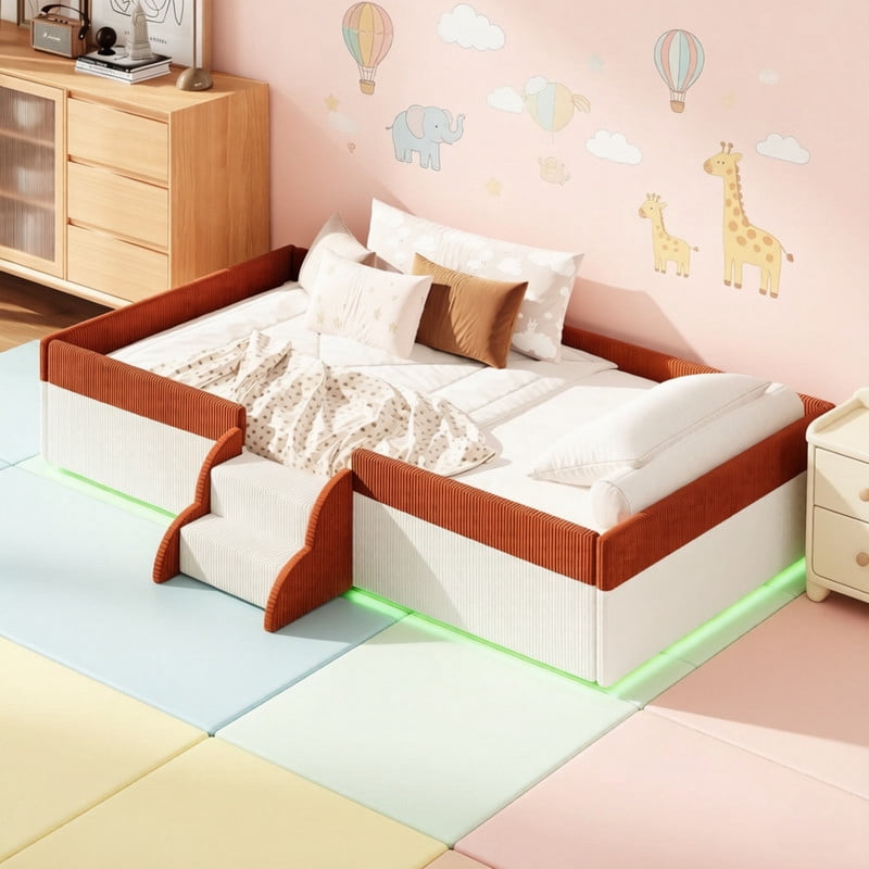 Twin Size Corduroy Upholstered Floor Bed Frame with Fence, Kids Low-Profile Platform Bed with 2-Tier Steps & Smart LED Lights