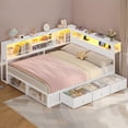 thumbnail image 1 of Twin Size Corner Bed Frame with Bookcase Storage, Twin Daybed with 3 Drawers & 2 Open Cubbies, Metal Platform Bed with LED Light and Charging Station,for Living Room, Bedroom, Guest Room,White, 1 of 9