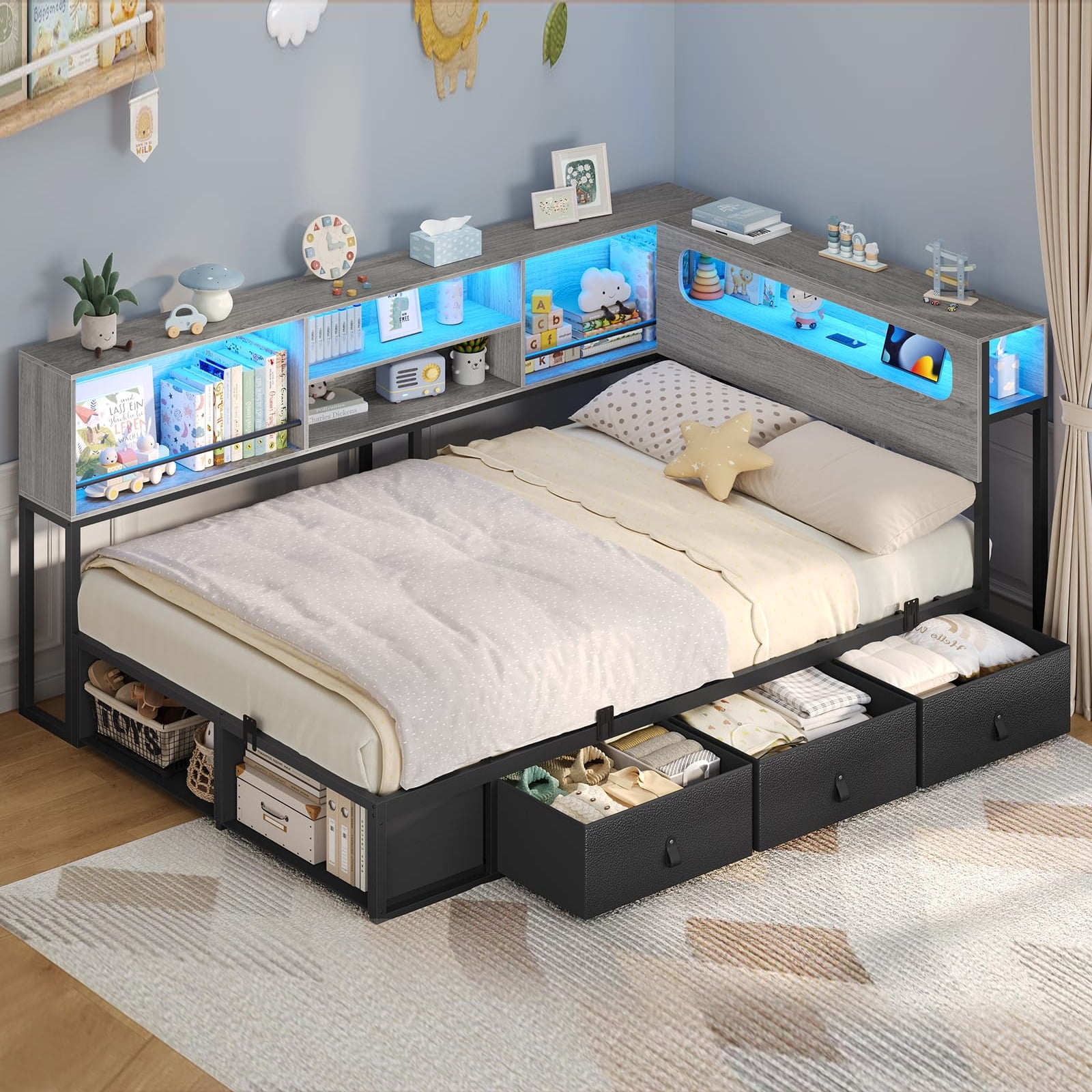 Twin Size Corner Bed Frame with Bookcase Storage, Twin Daybed with 3 Drawers & 2 Open Cubbies, Metal Platform Bed with LED Light and Charging Station,for Living Room, Bedroom, Guest Room,Black