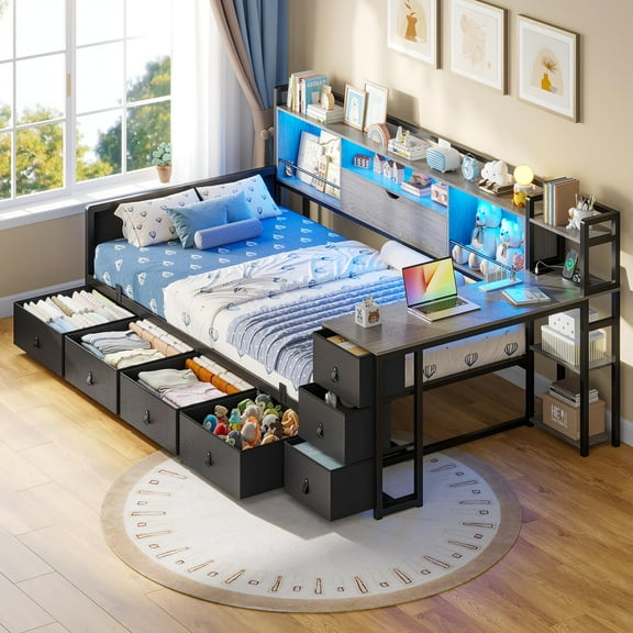 Twin Size Corner Bed Frame with Bookcase Storage, Twin Daybed with 7 Drawers & Desk,Metal Platform Bed with LED Light and Charging Station,for Living Room, Bedroom, Guest Room,Black & Grey