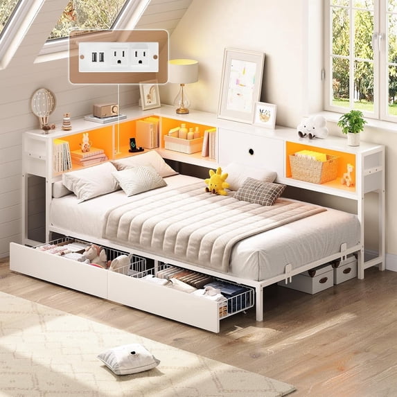 Twin Size Corner Bed Frame with Bookcase Storage,Twin Daybed with Charging Station,Platform Bed Frame with Led Lights and Storage Drawers for Living Room,Bedroom,Guest Room,Easy Assemble,White