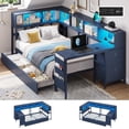 thumbnail image 1 of Twin Size Corner Bed Frame with Desk,Charging Station and Bookcase Storage,Twin Daybed with Storage Drawers and Led Lights, Metal Platform Bed Frame with Open Shelves,Blue, 1 of 9