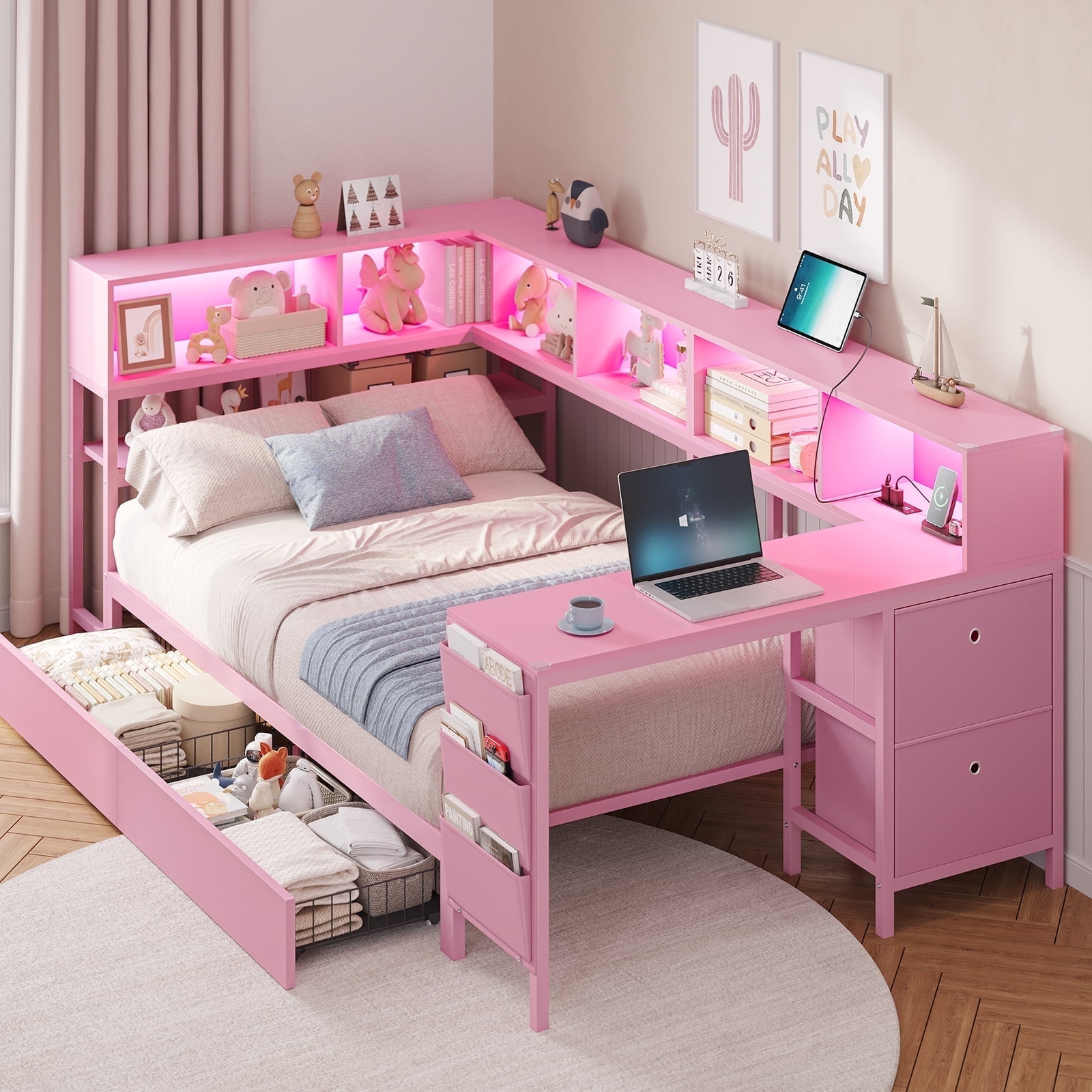 Twin Size Corner Bed Frame with Desk,Charging Station and Bookcase