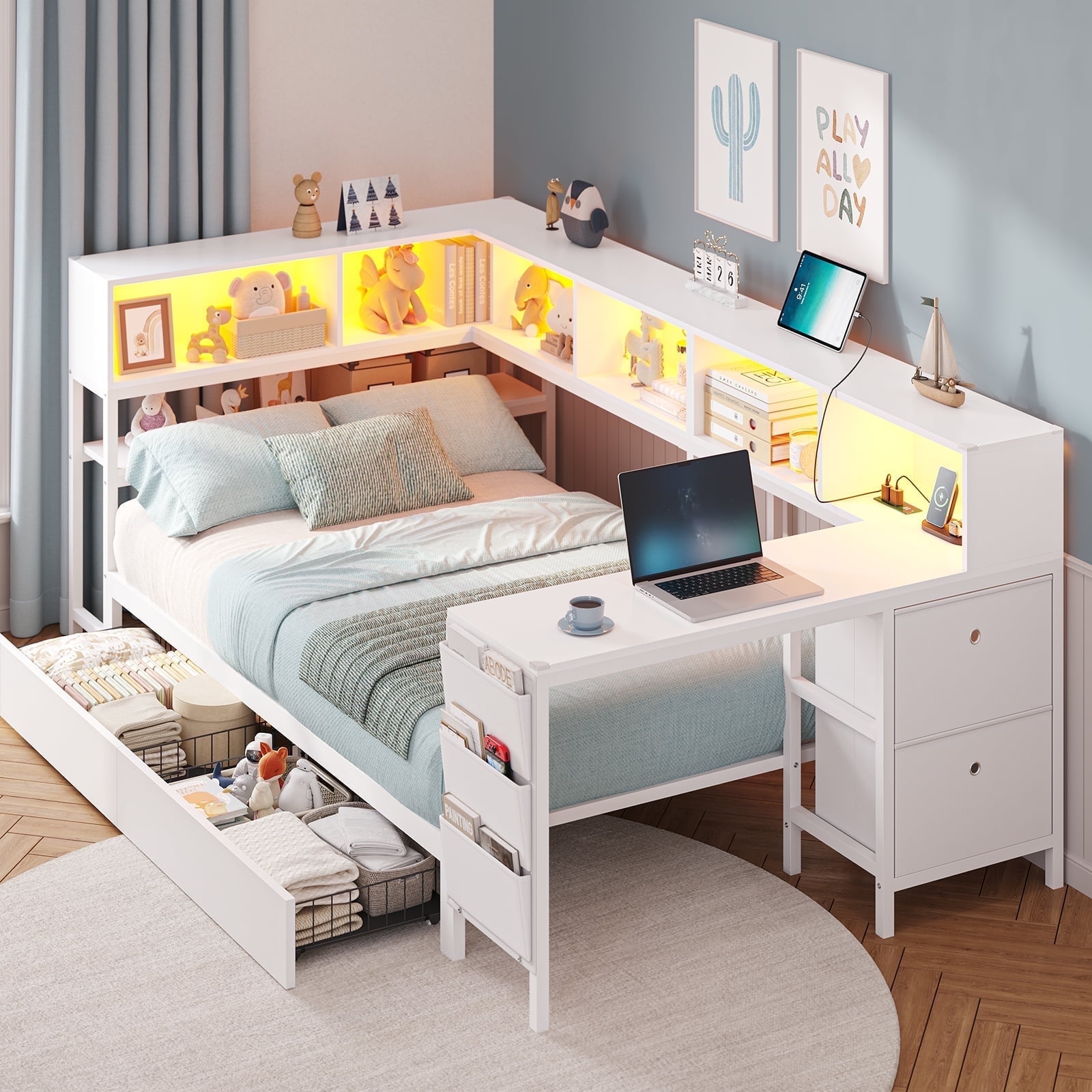 Twin Size Corner Bed Frame with Desk,Charging Station and Bookcase Storage,Twin Daybed with Storage Drawers and Led Lights, Metal Platform Bed Frame with Open Shelves,White