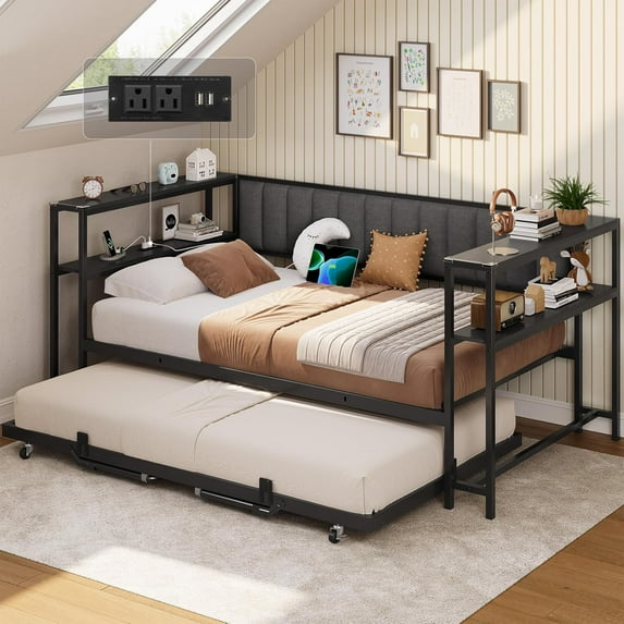 Twin Size Corner Bed Frame with Pop up Trundle,Twin Size Daybed with Storage Shelves and Charging Station,Corner Twin Bed with Trundle and Upholstered Backrest,No Box Spring Need,Black