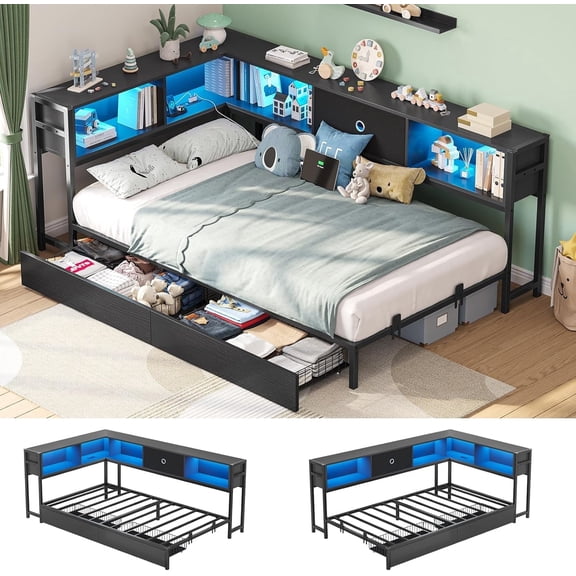 Twin Size Corner Bed Frame with Storage Bookcase,Twin Daybed with Charging Station and Led Lights,Metal Platform Bed Frame with Storage Drawers Underneath for Living Room,Bedroom & Guest Room,Black