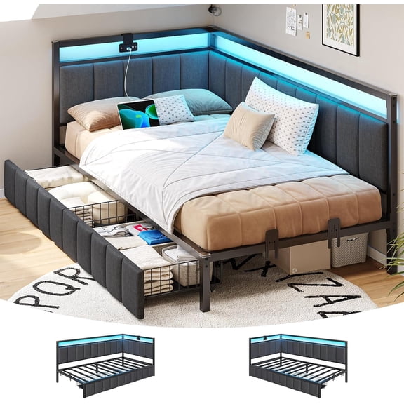 Twin Size Corner Bed Frame with 2 Storage Drawers&Charging Station&LED Lights, Twin Upholstered Platform Bed Frame Daybed for Bedroom, Gray