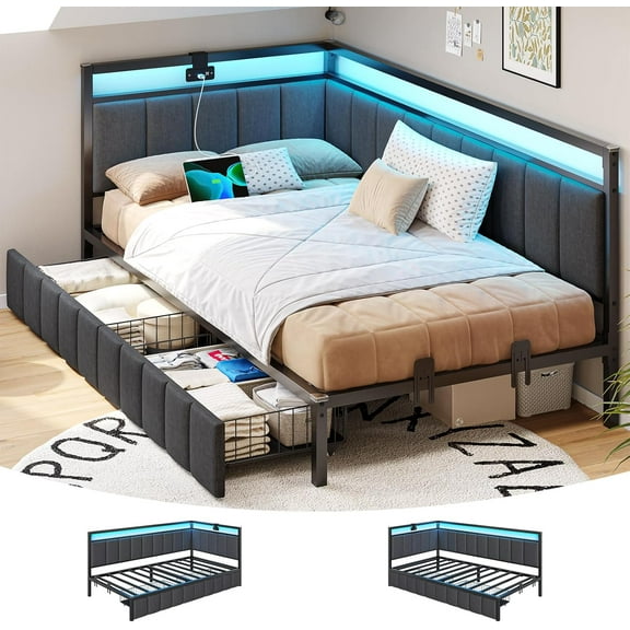 Twin Size Corner Bed Frame with 2 Storage Drawers&Charging Station&LED Lights, Twin Upholstered Platform Bed Frame Daybed for Bedroom, Gray