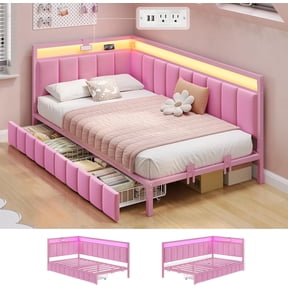 Twin Size Corner Bed Frame with 2 Storage Drawers & Charging Station & LED Lights, Twin Upholstered Platform Bed Frame Daybed for Bedroom, Pink