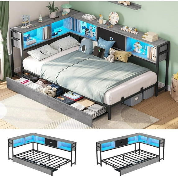 Twin Size Corner Bed Frame with 2 Storage Drawers, Twin Platform Bed with LED Light and Charging Station, Corner Bed Frame Daybed for Bedroom, Gray