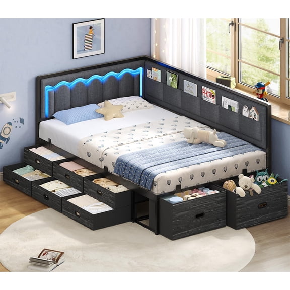 Twin Size Corner Bed Frame with 8 Drawers, 6 Storage Pockets,Twin Daybed with RGB Lights Wave,Upholstered Platform Bed with L-Shaped Guardrail,White