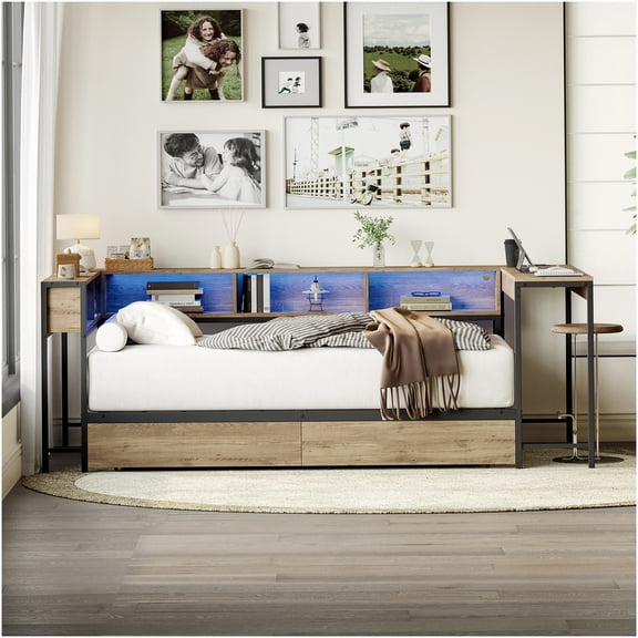 Twin Size Corner Bed Frame with Storage, LED Lights, Charging Station, Bookcase Headboard, No Box Spring Required