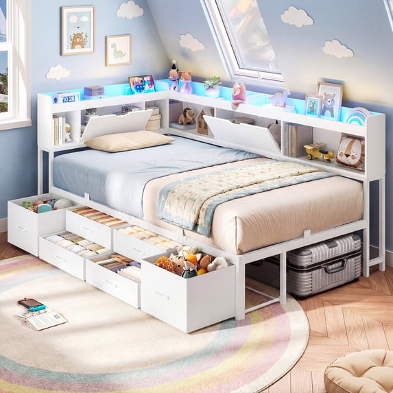 Corner Bed Frame Twin Size with 6 Drawers and Storage Bookcase, Twin Daybed with Charging Station & Led Lights, Metal Platform Beds for Living Room Bedroom,White